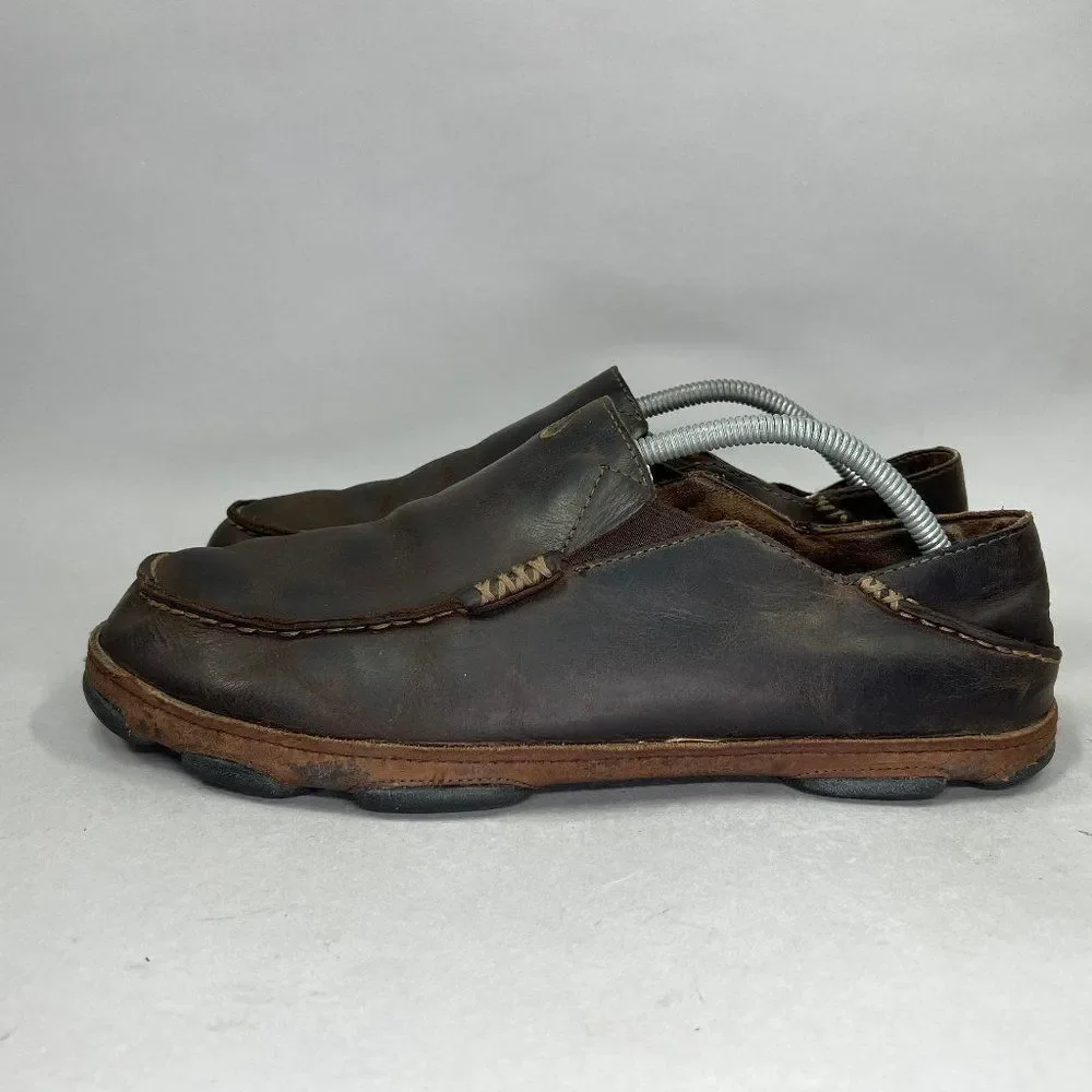 Olukai Moloa‎ Shoes Men's Size 10.5 Brown Leather Comfort Casual Slip On Loafers